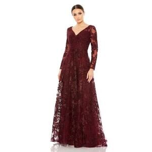 NWT Mac Duggal 20409 Embellished Illusion Gown Dress Long Sleeve Maroon Size 14